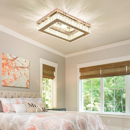Dimmable Crystal LED Flush Mount Ceiling Light, 11.8"×9.1" Rectangular Close to Ceiling Chandelier, K9 Crystal & Stainless Steel, Remote & App Control, 3000–6500K CCT for Bedroom Living Room