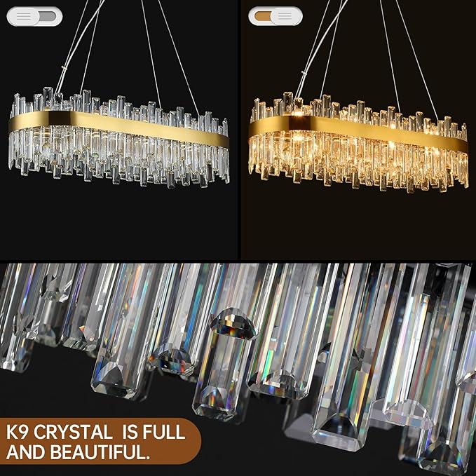 Weesalife Gold Crystal Chandeliers for Dining Room, 20 Lights Modern Oval Chandelier for Lining Room, Rectangular Crystal Pendant Light Fixture for Kitchen Island Bar L36 Inch
