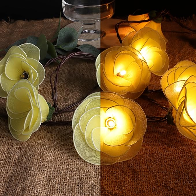 Flower String Lights Plug in with 10 LED Bulbs, Decorative Spring String Lights Indoor for Bedroom, Connectable Flower Fairy Lights Outdoor for Patio Garden Porch Floral Wedding Gifts(Yellow Rose)