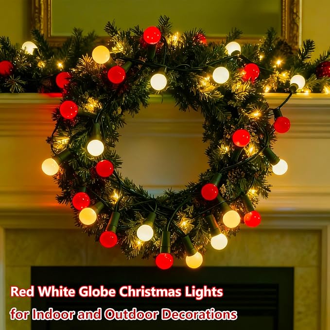 Round Christmas Decoration Lights 13.5Ft G15 Red and White Christmas Lights 50 LED Shatterproof Mini Globe String Light, Plug in Vintage Xmas Light for Indoor Outdoor Wreath Porch Patio Tree Decor