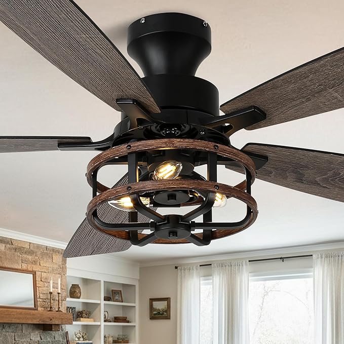 52" Farmhouse Rustic Ceiling Fan with Lights and Remote, Flush Mount Ceiling Fan Low Profile Caged Fandelier Chandelier, 5 Dual Blades Reversible DC Motor 6 Speeds for Bedroom Living Room