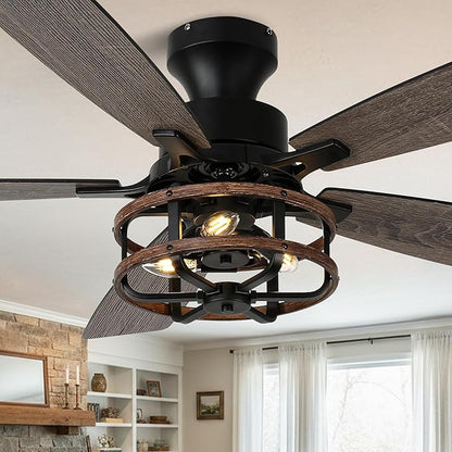52" Farmhouse Rustic Ceiling Fan with Lights and Remote, Flush Mount Ceiling Fan Low Profile Caged Fandelier Chandelier, 5 Dual Blades Reversible DC Motor 6 Speeds for Bedroom Living Room