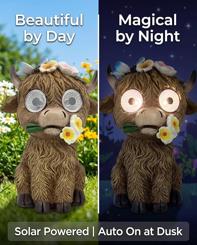 iStatue Solar Highland Cow Garden Statue with LED Light – Cute Resin Cow Figurine Outdoor Yard Decor, Waterproof Lawn Ornament, Gift for Women Mom Garden Lovers (4-Pack)
