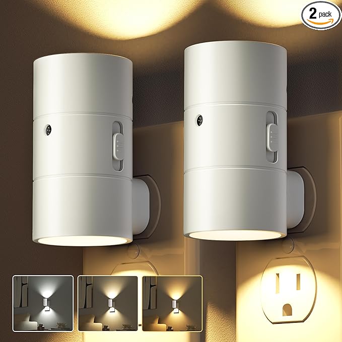 JOFIOS Night Lights Plug Into Wall,Dimmable LED Nightlight with Dusk to Dawn Light Sensor,0-100LM Adjustable Brightness,3 Color Temperatures,Night Light for Hallway Bathroom Stair Bedroom,White,2 Pack