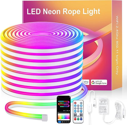 Neon Rope Lights, 16.4ft Smart RGB+IC LED Strip Lights with App & Remote Control, IP67 Waterproof Flexible Neon String Lights for Bedroom, Music Sync, DIY Multiple Modes for Wall Gaming Christmas Home