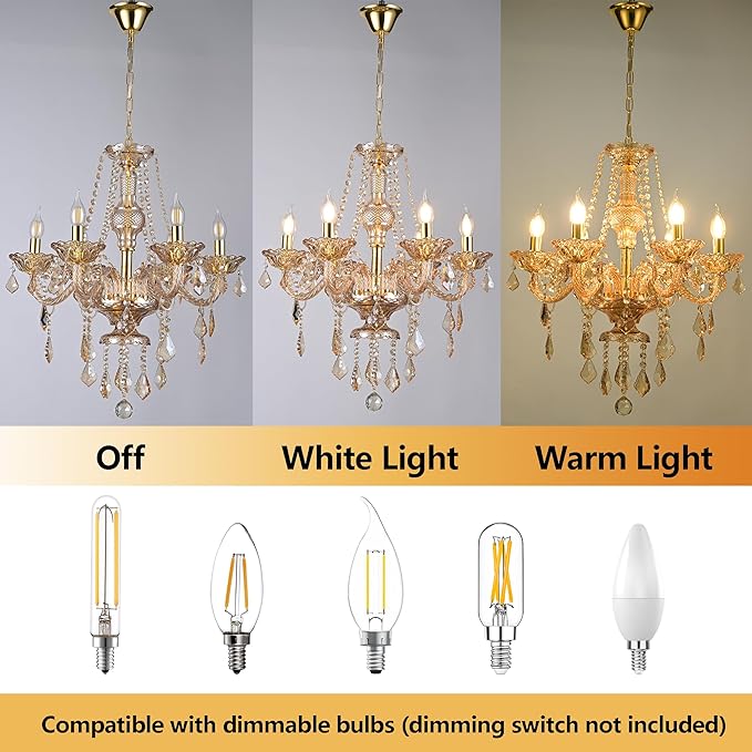 Luxury Amber K9 Crystal Chandelier 6-Light Candle Style Modern Pendant Ceiling Fixture Compatible with E12 Bulbs for Living Room Dining Room Bedroom Hallway Entry (6 Lights)