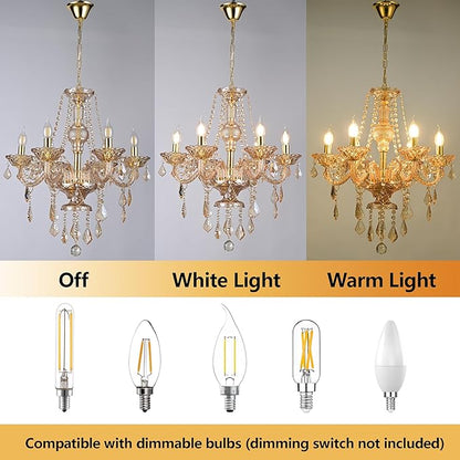 Luxury Amber K9 Crystal Chandelier 6-Light Candle Style Modern Pendant Ceiling Fixture Compatible with E12 Bulbs for Living Room Dining Room Bedroom Hallway Entry (6 Lights)