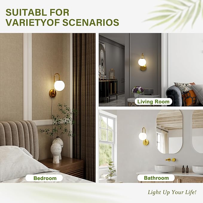 Dimmable E12 Wall Sconces Set of 2,Plug in Wall Sconces with 6.56ft Power Cord,Globe Electric Plug in Wall Sconce,Wall Lights with Milky White Glass Globe Shade(2 Bulbs Included)