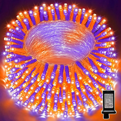 LAMPHOME 66ft Halloween Decorative Mini Lights, 200 LED Transparent Wire Fairy Starry String Lights Plug in, 16 Lighting Modes, for Halloween Decoration Outdoor Party Decoration (Orange and Purple)