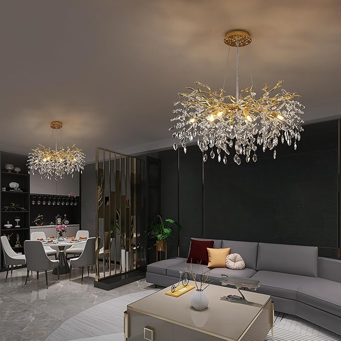 Tree Branches Chandeliers Luxury Round Crystal Pendant Light 8 Light Ceiling Hanging Light for Dining Room Bedroom Living Room Entryway Gold 23.7"