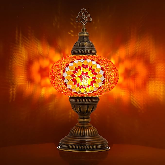 Turkish Lamp, Mosaic Table Lamp, Antique Moroccan Decorative Glass Bohemian Vintage Lamp Shade, Small Desk Tiffany Bedside Stained Glass Lamp with US Plug and E12 Socket