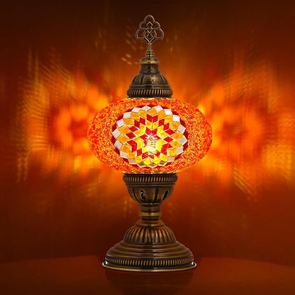 Turkish Lamp, Mosaic Table Lamp, Antique Moroccan Decorative Glass Bohemian Vintage Lamp Shade, Small Desk Tiffany Bedside Stained Glass Lamp with US Plug and E12 Socket