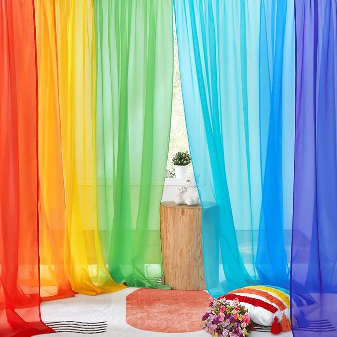 PONY DANCE 7 Pieces Rainbow Sheer Curtains - Colorful Backdrop Bright Drape Set for Playroom,Nurseries,Party,Red,Orange,Yellow,Green,Cyan,Blue,Purple,52x63 inch Length