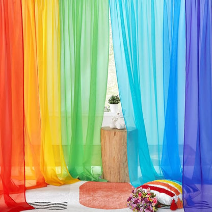 PONY DANCE 7 Pieces Rainbow Sheer Curtains - Colorful Backdrop Bright Drape Set for Playroom,Nurseries,Party,Red,Orange,Yellow,Green,Cyan,Blue,Purple,52x63 inch Length