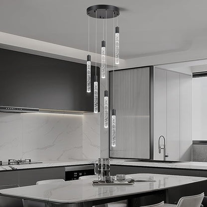 6 Light Pendant Lights Kitchen Island,Modern LED Bubble Crystal Pendants with Dimmable 3000K-6000K Ceiling Hanging Light Fixture for Dining Room Bedroom,Matte Black Finish,Adjustable Height 78"