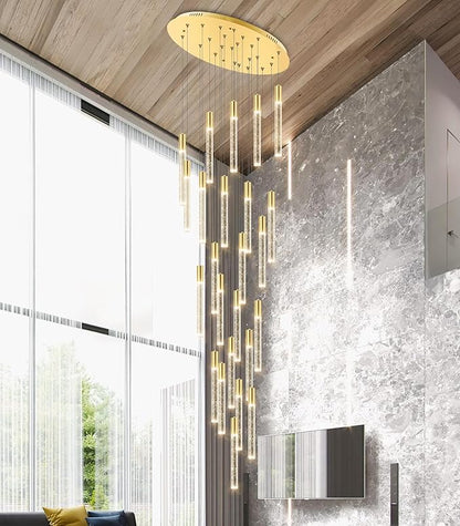 HAIXIANG 14.7 Foot High Ceiling Chandelier for Entryway Modern Crystal Lights for Living Room Foyer Flush Mount Sloping Ceiling Pendant Light Fixture Remote Dimmable 28-Lights Gold
