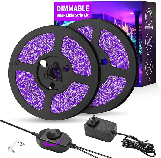 Dimmable Black Light Strip Kit 66ft/20M 1200 LEDs, 12V Flexible Blacklight Fixtures, 385nm-400nm, Black Light LED Strip for Glow Party Fluorescent Poster Halloween Indoor Bedroom Decor, Non-Waterproof