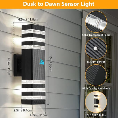 tewei 6 Pack Outdoor Wall Lights Dusk to Dawn Exterior Light Fixture, 3-Layer Black Outdoor Lights for House, IP65 Waterproof Up and Down Outside Porch Lights for Garage Patio, 3000K