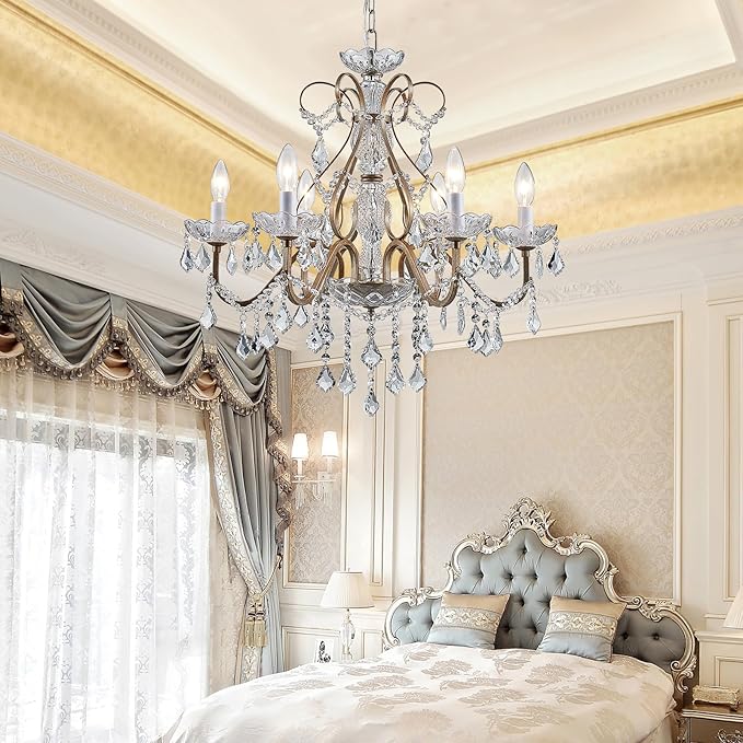 Bestier Antique Silver Vintage Candle Chandelier Crystal Lighting Fixture Lamp for Dining Room Bathroom Foyer Livingroom 6 E12 Bulbs Required D24 in x H26 in