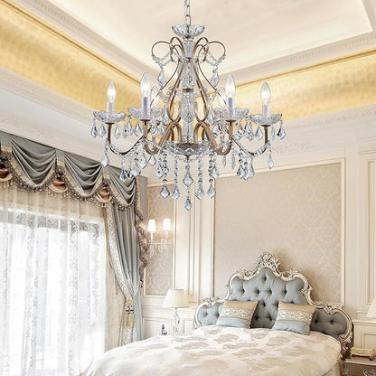 Bestier Antique Silver Vintage Candle Chandelier Crystal Lighting Fixture Lamp for Dining Room Bathroom Foyer Livingroom 6 E12 Bulbs Required D24 in x H26 in