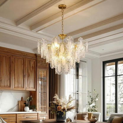 5-Tier Foyer Chandelier, 12-Light Vintage Glass Chandelier for Dining Room with Glass Leaf & Brass Finish, Dimmable Vintage Pendant Lighting for Kitchen Island Living Room Entryway, 28.74"xH23.62"