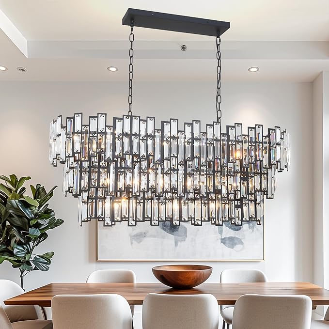 Rectangle Chandeliers for Dining Room - 17 Lights Rectangular Linear Chandeliers in Black