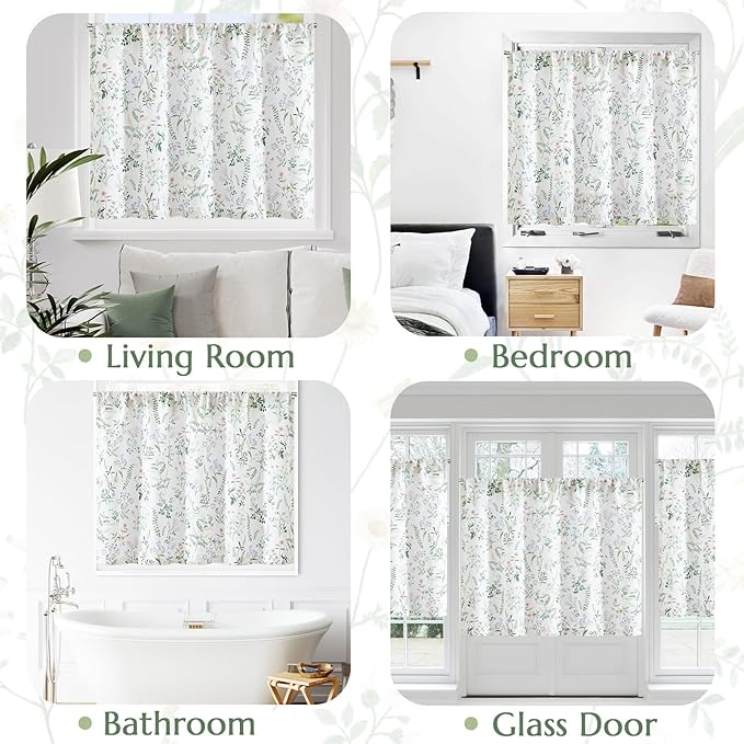 jinchan Spring Floral Kitchen Curtain Over Sink Farmhouse Linen Tier Curtain 24 Inch Length Cafe for Living Room Bathroom Botanical Small Drapes Rustic Light Filtering Rod Pocket 1 Panel Sage Green