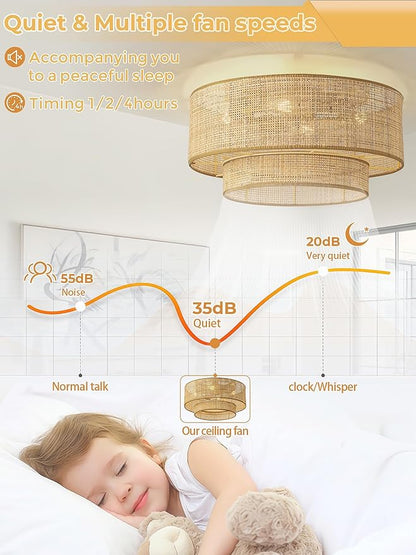 Boho Caged Ceiling Fans with Lights,Rattan Fandelier Ceiling Fans with Lights and Remote Control, Coastal Enclosed Flush Mount with Reversible 6 Speeds for Bedroom Dining Room Kitchen