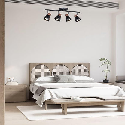 4 Light Modern Track Lighting Kit Black and Faux Wood Finish, Flexibly Adjustable Arm with Multi-Directional Ceiling Spotlight for Kitchen, Bedroom, Living Room,Ding Room Gu10 Not Included