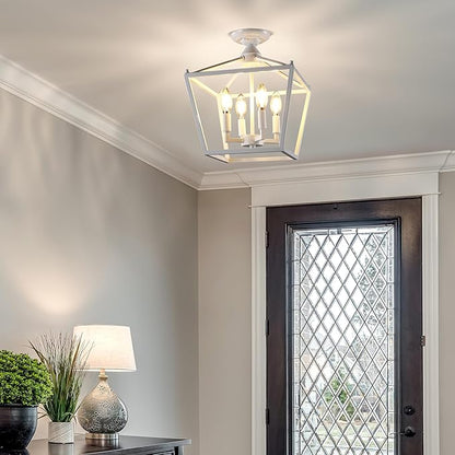 JONATHAN Y 12" White Modern Farmhouse Pagoda 4-Light LED Semi Flush Mount Lantern, Metal Ceiling Light Fixture for Kitchen, Hallway, Entryway, Bedroom, Hardwired (JYL7610E)