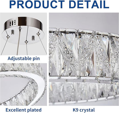 Depuley Modern LED Crystal Chandeliers: 19.7" Ring Chandelier Hanging Crystal Ceiling Light Fixture - 30W Adjustable Height Pendant Light for Living Room Dining Room Bedroom Foyer