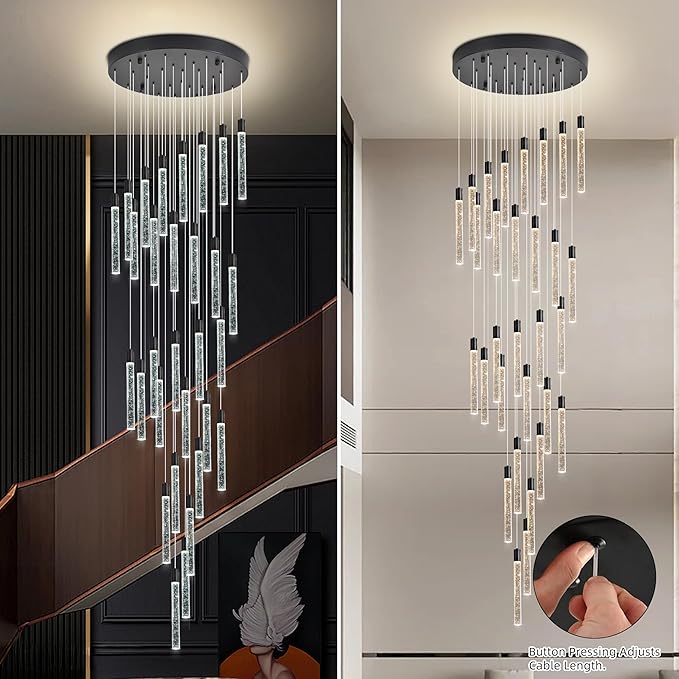 30-Lights Bubble Chandelier for Entryway High Ceiling-196 Height Adjustable Crystal Chandelier,3 Color Temperature Dimmable LED Pendant Light Fixture for Foyer Living Room Staircase,Matte Black