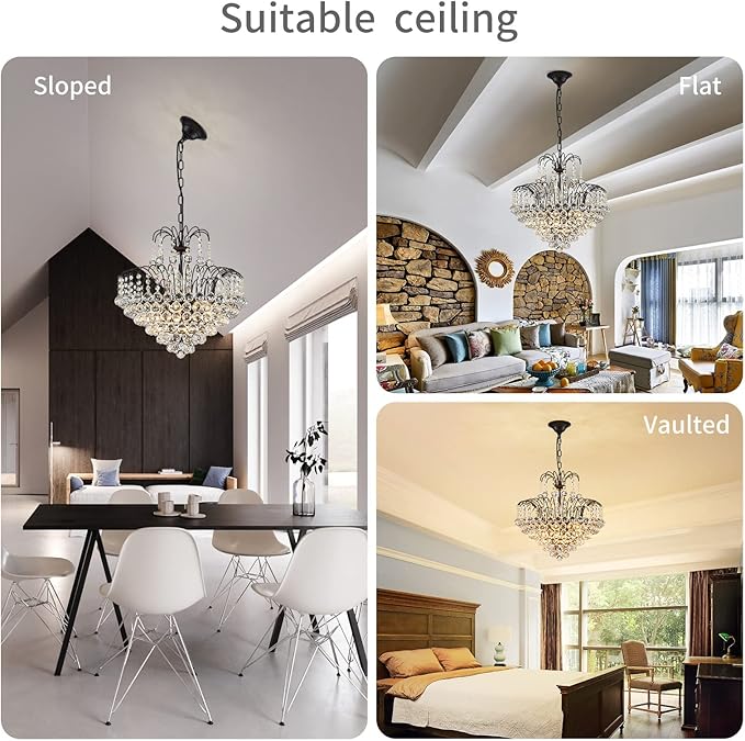 WUZUPS Crystal Chandelier Pendant Flushmount Ceiling Light Modern Lighting Fixture for Bedroom Hallway Bar Kitchen Bathroom, H 17.3" x W 18.9", Black, E12 Base