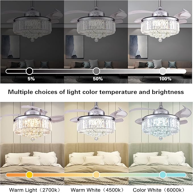 DuMaiWay 48" Dimmable Fandelier Crystal Ceiling Fan with Lights and Remote Modern Invisible Retractable Blades Chandelier Ceiling Fan Light Kit for Bedroom Living Room -Polished Chrome