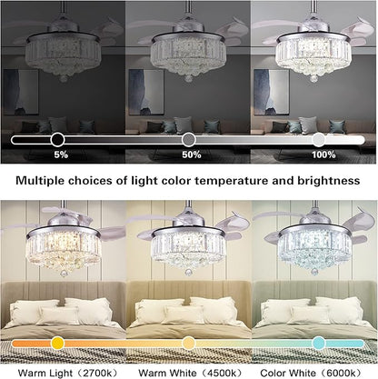DuMaiWay 48" Dimmable Fandelier Crystal Ceiling Fan with Lights and Remote Modern Invisible Retractable Blades Chandelier Ceiling Fan Light Kit for Bedroom Living Room -Polished Chrome