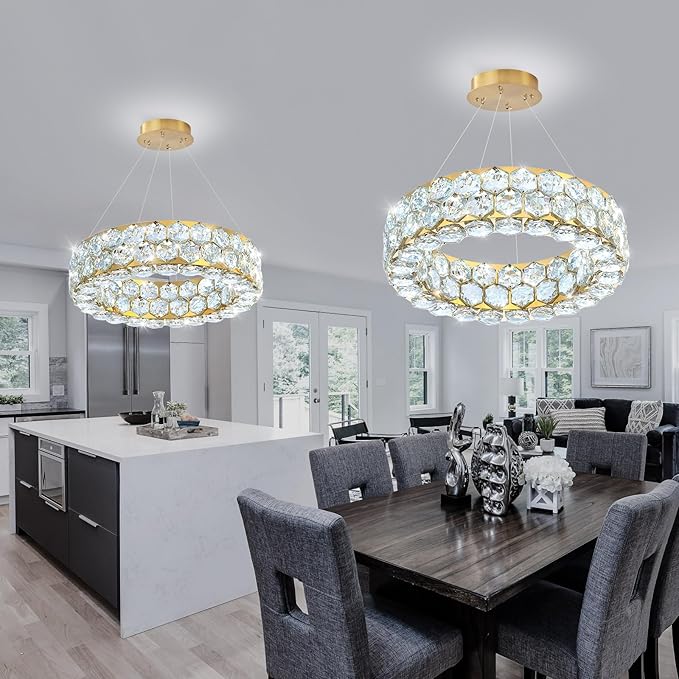 Crystal Chandeliers Modern Rings Pendant Light LED Dimmable Ceiling Light for Bedroom Dinning Room Kitchen Gold