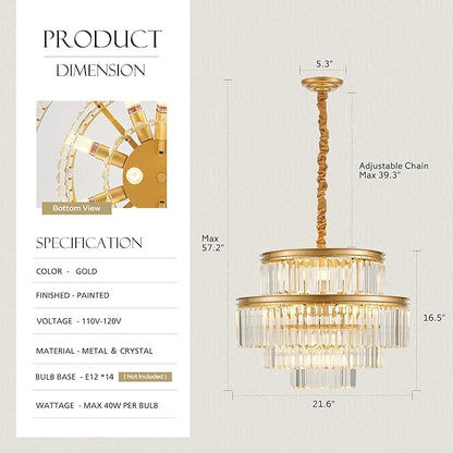 21.6" 14-Light Modern Crystal Chandelier Light Fixtures 4-Tier Gold Luxury Chandeliers for Dining Room Round Hanging Pendant Lighting for Living Room Kitchen Entryway Bedroom Foyer Hallway