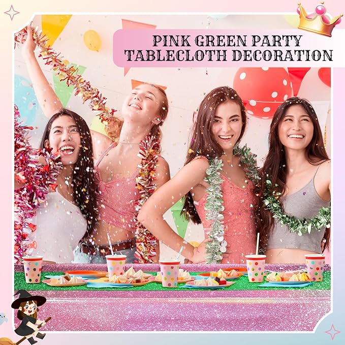 Oudain 2 Pcs Witch Princess Theme Party Pink & Green Holographic Party Tablecloth 54 x 108 Inch Plastic Rectangle Tablecloth Waterproof Table Cover for Witch Princess Theme Birthday Decoration