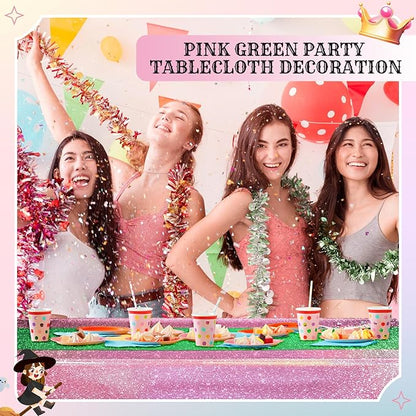 Oudain 2 Pcs Witch Princess Theme Party Pink & Green Holographic Party Tablecloth 54 x 108 Inch Plastic Rectangle Tablecloth Waterproof Table Cover for Witch Princess Theme Birthday Decoration
