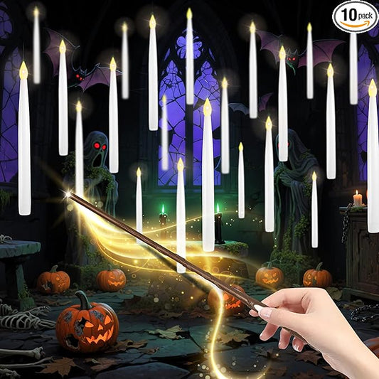 LUSHARBOR Floating Candles with Wand, 10 Pack Halloween Flameless Candles Battery Operated LED Taper Hanging Electric Candle for Christmas Halloween Birthday Party Decor 10.8in