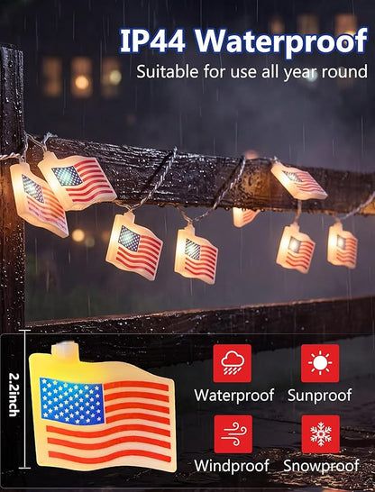 GOOTHY 4th of July Lights 8.5F American Flag String Lights, Patriotic Lights with 10 Mini American Flag Lights, Plug in 4th of July Decorations Lights for Indoor Independence Day Party Memorial Day
