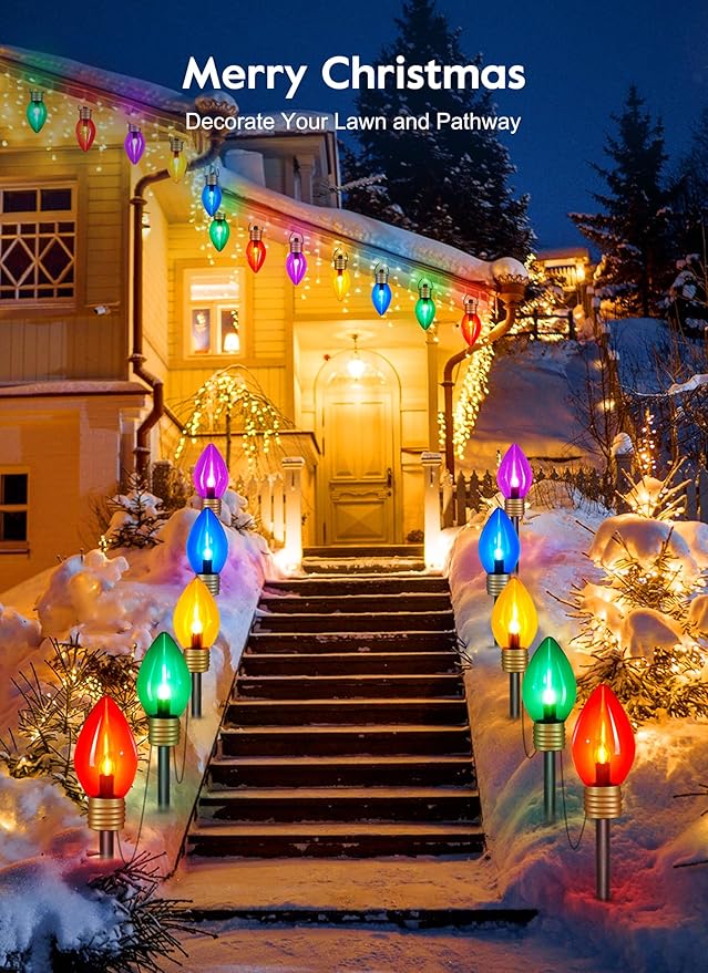 Brightown Jumbo C9 Christmas Lights Outdoor Decorations Lawn with Pathway Marker Stakes, 8 Feet LED Lights Covered Jumbo Multicolored Light Bulb for Holiday Outside Yard Garden Decor, 5 Lights