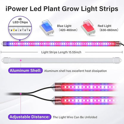 iPower 20W LED Plant Grow Light Strips Full Spectrum for Indoor Plants with Auto ON/Off 3/9/12H Timer, 10 Dimmable Levels 48 LEDs Per Light Strip, 2 Tubes