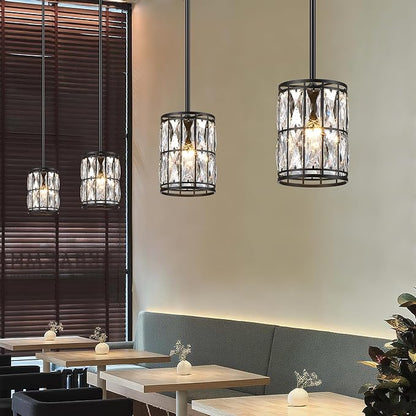 Modern Crystal Pendant Light Fixture 2-Pack Matte Black Finish Hanging Lighting Crystal Chandelier for Living Room, Kitchen