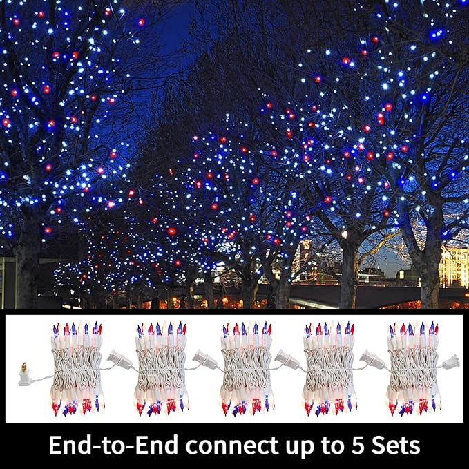 LAMPHOME 100 Count Red White and Blue Mini String Lights with White Wire,Connectable 19.6ft 120V Waterproof 4th of July Patriotic Incandescent Lights, Independence Day Lights for Outdoor Indoor Decor