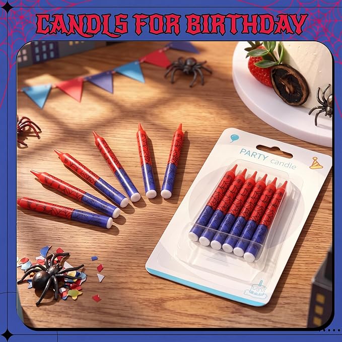 Conelist 12 Pcs Spider Themed Birthday Candles Cartoon Red Blue Birthday Decorations Movie Cake Toppers for Spider Themed Party Supplies
