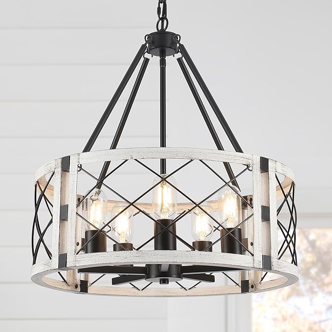 5-Light Farmhouse Chandelier 19.8" White Rustic Chandelier for Dining Room Adjustable Pendant Light Fixture for Kitchen Island Entryway Bedroom Hallway