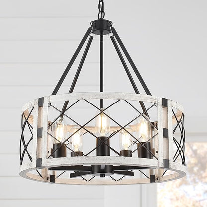5-Light Farmhouse Chandelier 19.8" White Rustic Chandelier for Dining Room Adjustable Pendant Light Fixture for Kitchen Island Entryway Bedroom Hallway