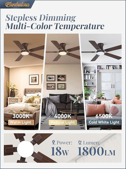 Fanbulous 52 inch ceiling fan with light, Low Profile Ceiling Fan with Light, App&Remote Control, Dimmable LED Light, Flush Mount Ceiling Fan for Indoor Bedroom Living Room, Qiuet DC Motor