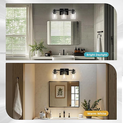 DORESshop 20 Inch Bathroom Light Fixtures, 3-Light Upgraded Matte Black Bathroom Lighting Fixtures Over Mirror with Clear Glass Shade, Vanity Lights for Bathroom Living Room Bedroom, ETL Listed